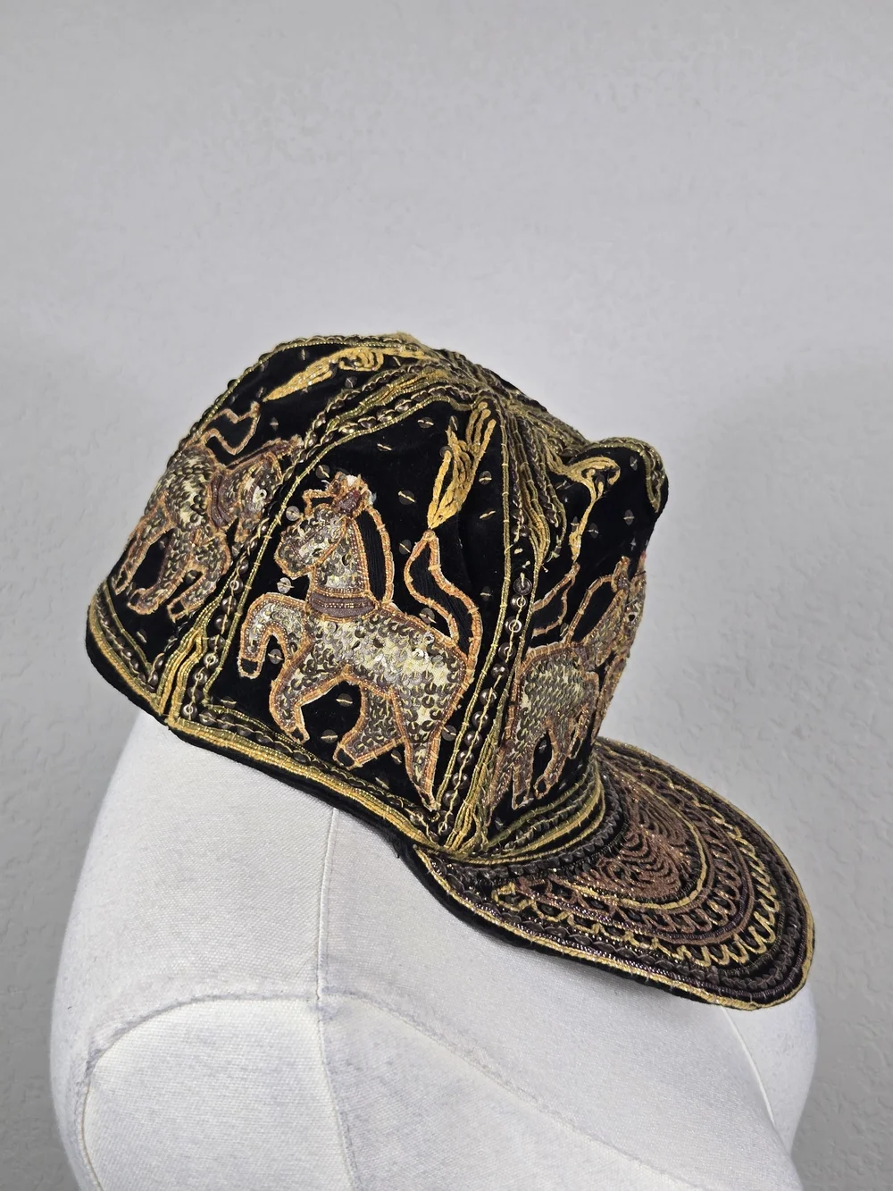 Vintage 80s Thai Velvet Embroidered Sequin Horse Equestrian Artisan Baseball Cap